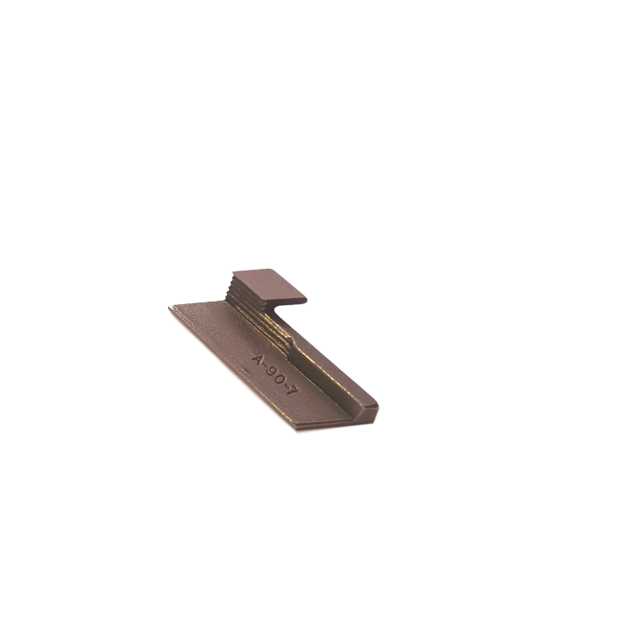 A Merrow brand top knife with a dark brown handle and a curved, silver-colored blade.