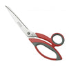 A pair of Kretzer ZipZap dressmaking shears with red handles, gray cushioned handle inserts, and durasteel blades.